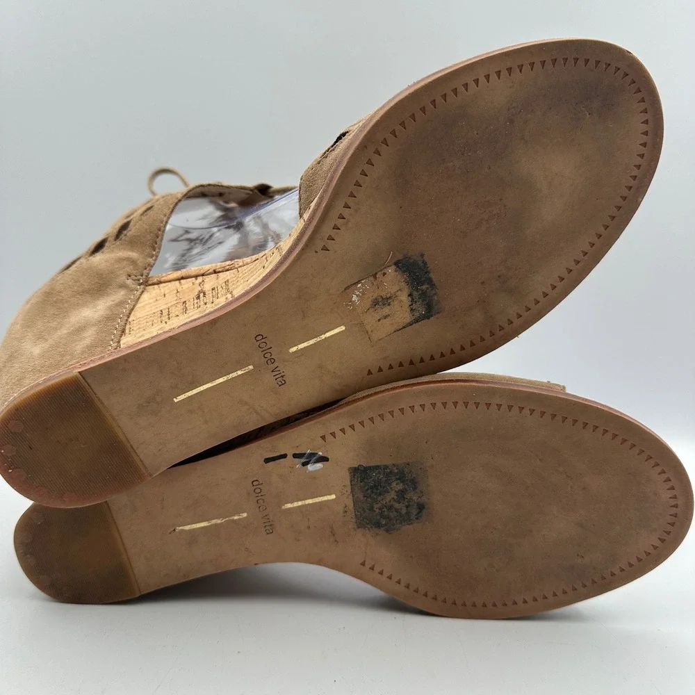 Dolce Vita Wedge Sandals 10 Tan Suede Lace Up Gladiator Cork Boho Summer Chic
